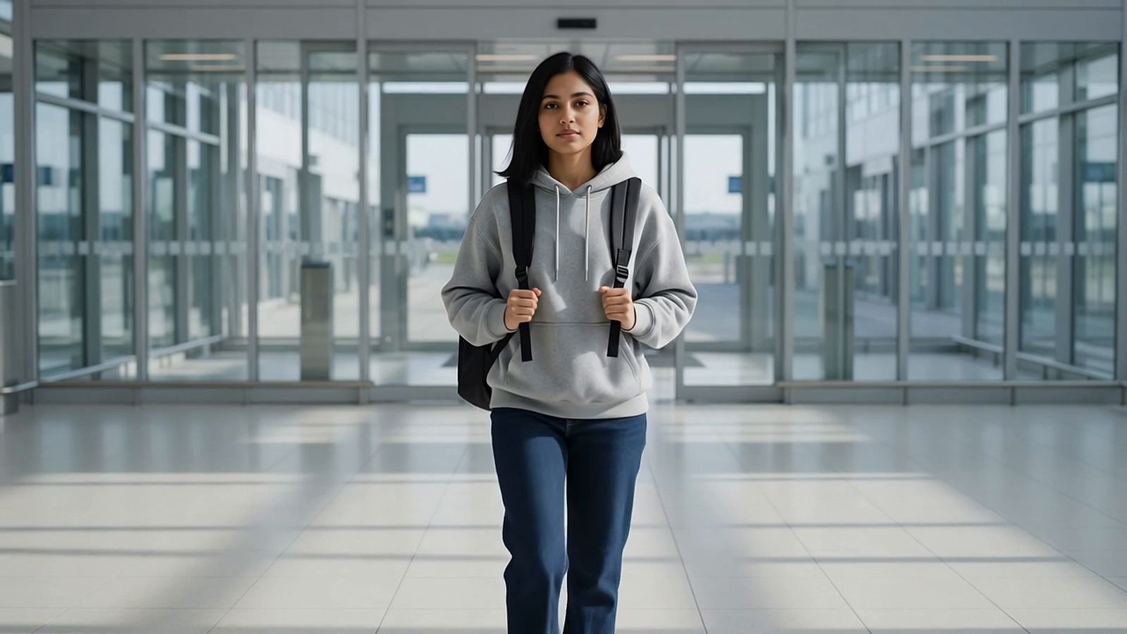 Student with a small backpack walking through an airport arrivals hall (illustrative image)