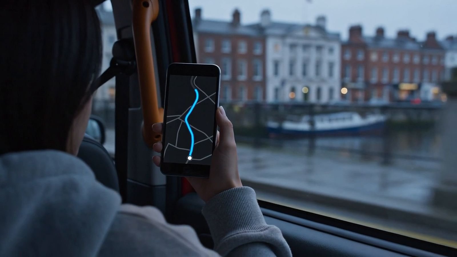 Student in a taxi following a route on her phone, River Liffey outside (illustrative image)