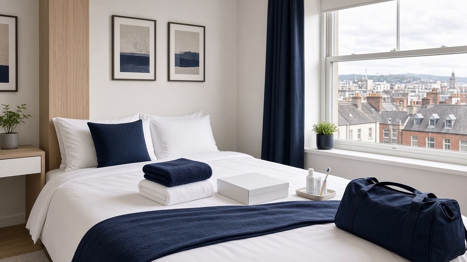 Furnished room with a welcome kit laid out on the bed (illustrative image)